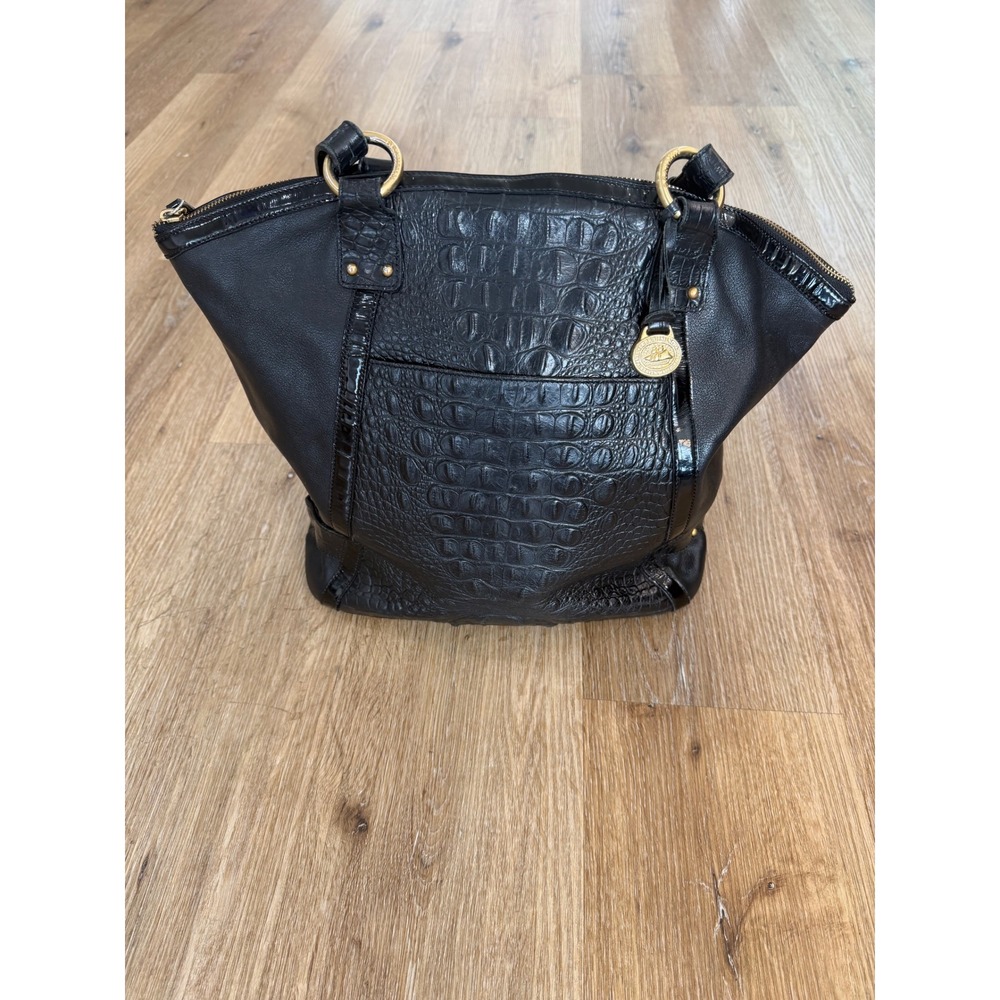 Brahmin Old Money Crocodile Embossed Leather Tote Bag Womens Large Black Gold
